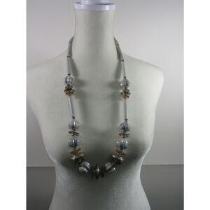 Gray Chucky Bead Silver Tone Necklace Boho Artsy Cottagecore Vintage 24" Barrel